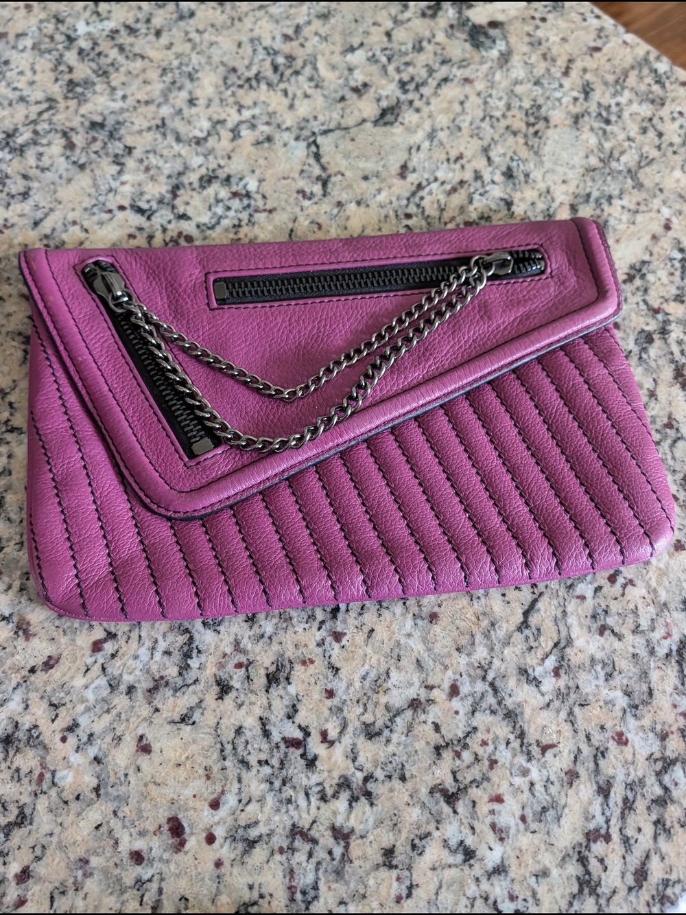 Sanctuary Magenta Purple Quilted Cow Leather Metallic Chain-Trim Clutch
